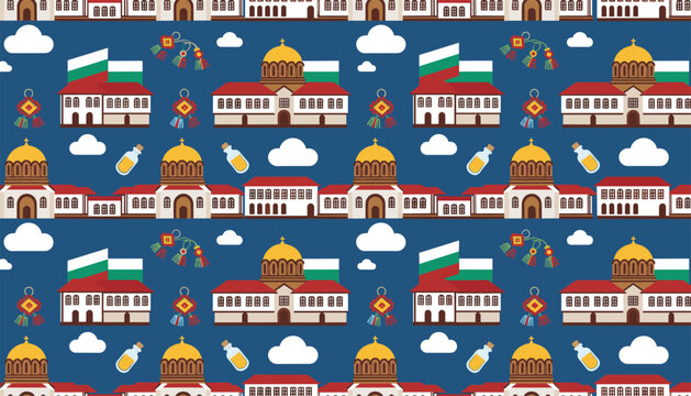 Seamless pattern of Bulgarian landmarks including Alexander Nevsky Cathedral, national flags, and martenitsa.