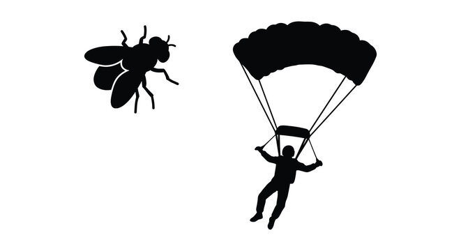 Silhouette Of A Parachutist And Insect Black On White Background