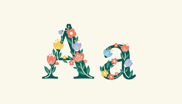Decorative alphabet letters A and a adorned with beautiful colorful flowers and green leaves on a cream background.