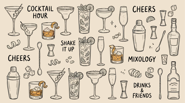 Artistic doodle set of alcoholic beverage festive cocktail summer drink martini and vector illustration isolated on white background for menu design and bar promotion posters