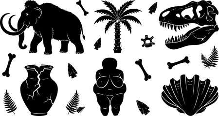 Prehistoric Archaeology Icon Set with Mammoth Dinosaur Skull and Stone Age Silhouette Symbols © MstBabli