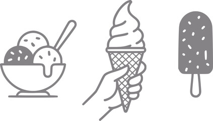 Línea simple de postres de helado: bol, cono y paleta