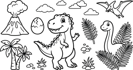 Cute Dinosaur Coloring Page with Volcano, Dinosaur Egg, Palm Trees, Pterodactyl and Prehistoric Nature, Educational Kids Activity Vector Outline Illustration © MdMostafijur