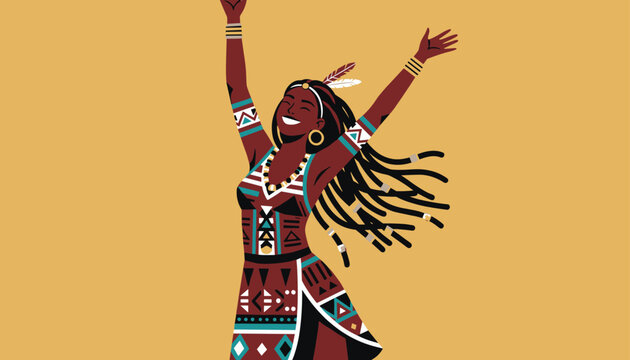 Cheerful native woman with dreadlocks and tribal face paint dancing with her arms raised on a solid yellow background.