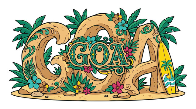 Colorful Hand-Drawn Illustration of a Tropical Goa Beach Scene with Palm Trees and Decorative Elements.