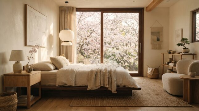 A serene bedroom interior bathed in natural light.