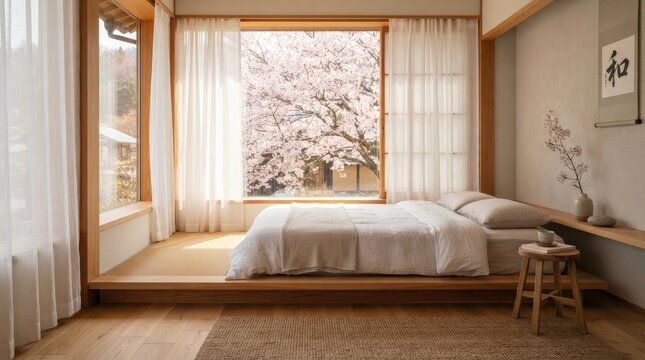 Sunlight streams into a serene Japanese bedroom.