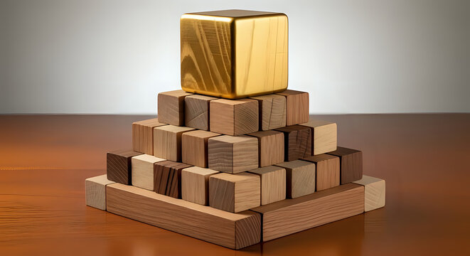 Pyramid structure made of various natural wood blocks topped with gold cube structure leadership stability