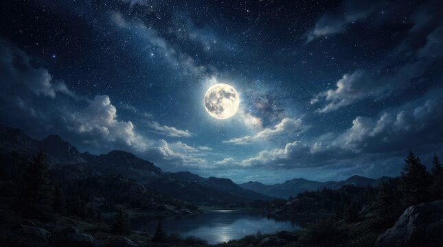 A large, luminous full moon dominates a dark, starry night sky.