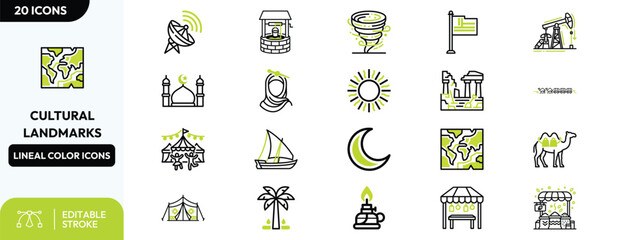 Cultural heritage symbols set. desert tent, oil derrick, ancient ruins, sailboat, crescent moon, satellite dish. Editable stroke. Vector illustration. © Villuiq