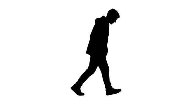 Silhouette of a Man Walking with Head Down on White Background.