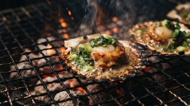 A close-up shot of grilled scallops on a charcoal grill.