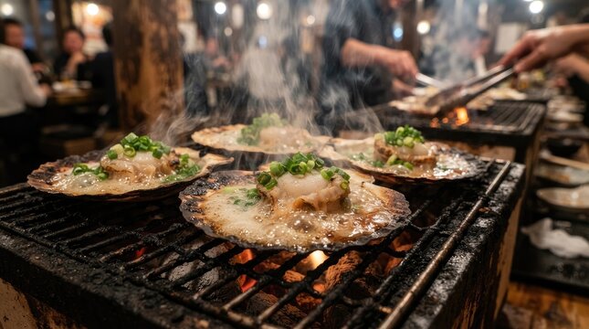 A chef prepares hot, grilled clams on a charcoal grill.