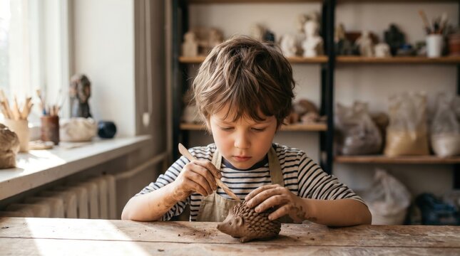 caucasian boy in apron sculpting clay hedgehog with wooden tool in bright pottery studio. child learning ceramics in art class. creative childhood hobby and education. banner, website header.