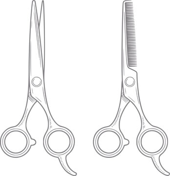 Dos tijeras estilo dibujo a mano: una para cortar, una para entresacar cabello