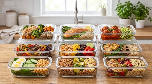 Healthy meal prep variety with various proteins and vegetables in glass containers on wooden kitchen counter