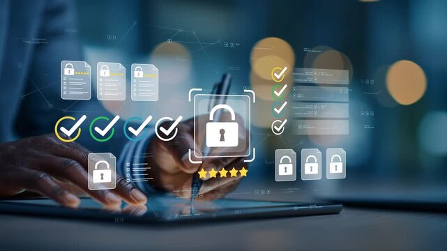 Black businessman working with animated cybersecurity lock icon, secure enterprise documents, compliance dashboard and digital identity protection technology