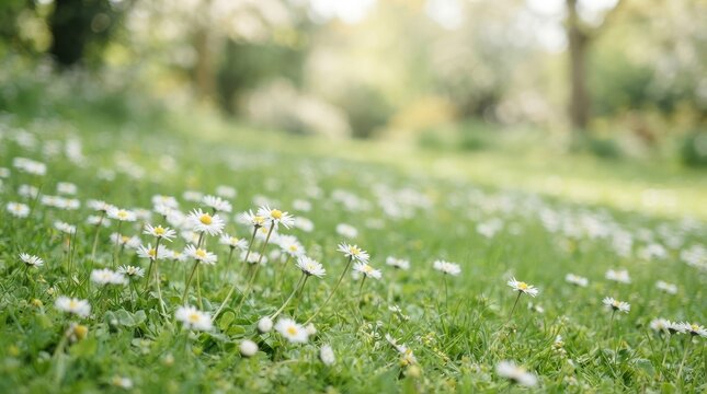 A bright, sunny meadow filled with white daisies stretches across a grassy hill.