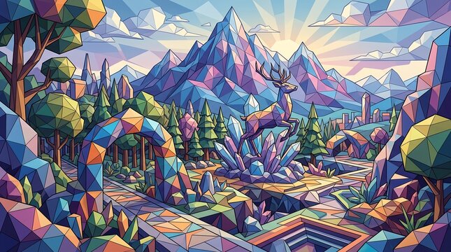 Colorful Tibetan Mountain Landscape Illustration with Winding Road Under Vast Sky Decorative Travel Art Map Painting on Textured Paper Style