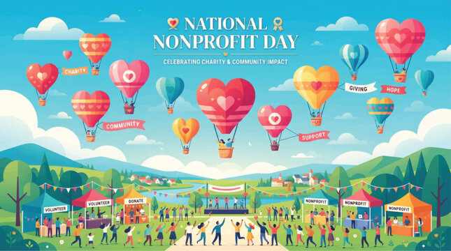 National Nonprofit Day banner, heart shaped hot air balloons over community charity festival, philanthropic event vector illustration