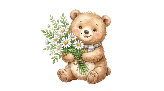 A cute teddy bear is holding a bouquet of daisies.