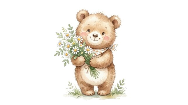 A cute brown teddy bear is holding a bouquet of white daisies.