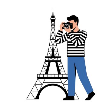 Man in striped shirt taking a photo of the Eiffel Tower on white photographer camera