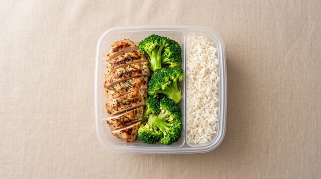Healthy meal prep container with grilled chicken breast, steamed broccoli florets, and white rice