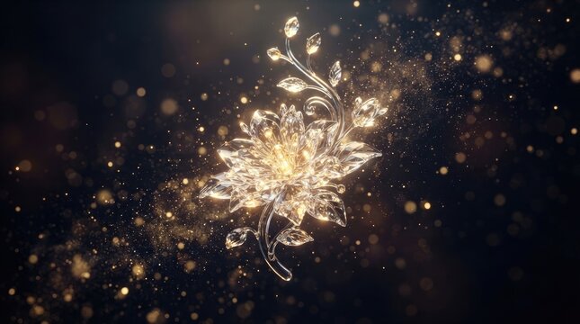 A shimmering, ornate floral brooch floats against a dark, blurred background of golden sparkles.