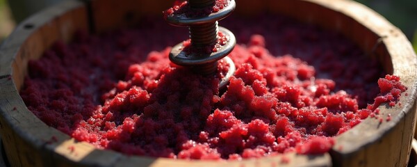 Obraz premium Old manual wood winepress crushes fresh red grapes into juice. Metal screw mechanism applies heavy pressure on fruit inside rustic barrel for traditional beverage making. Autumn harvest season brings