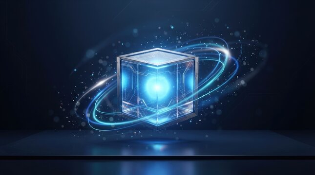 A glowing, futuristic cube levitates above a dark, reflective surface.