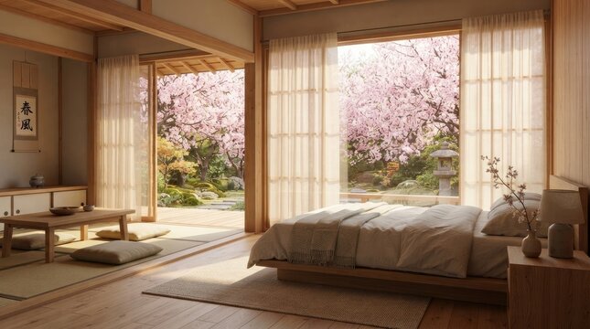 Sunlight streams into a serene Japanese bedroom.