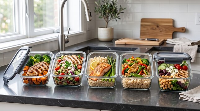Healthy Meal Prep Containers with Balanced Nutritious Meals on a Modern Kitchen Countertop for Weekly Planning