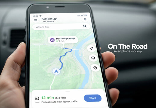 Smartphone in car, mobile navigation design mockup