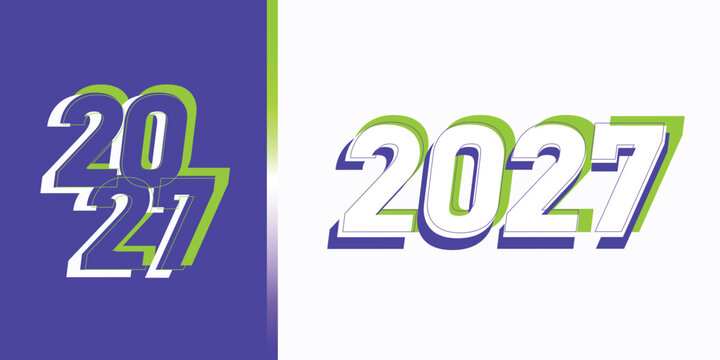 Modern 2027 typography featuring bold layered numbers with dynamic shadow effects and vibrant colors. Clean geometric composition creates a futuristic look, ideal for New Year branding, posters.
