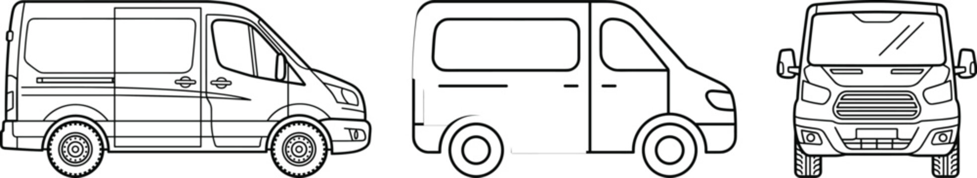 Delivery Van Line Art Vector, Cargo Van Outline Drawing Front and Side View Set