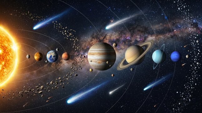 A vibrant illustration depicts our solar system, with the Sun at the center and planets orbiting around it.