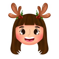 Cute Little Girl Wearing Reindeer Antlers Headband for Christmas Illustration
