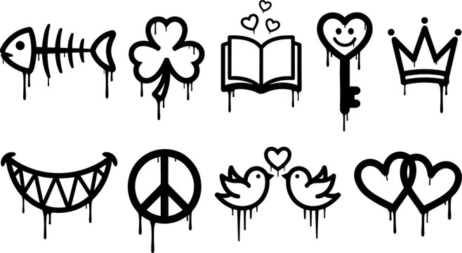 Black graffiti element set with paint drips fish bone clover book key crown smile peace sign birds and hearts vector