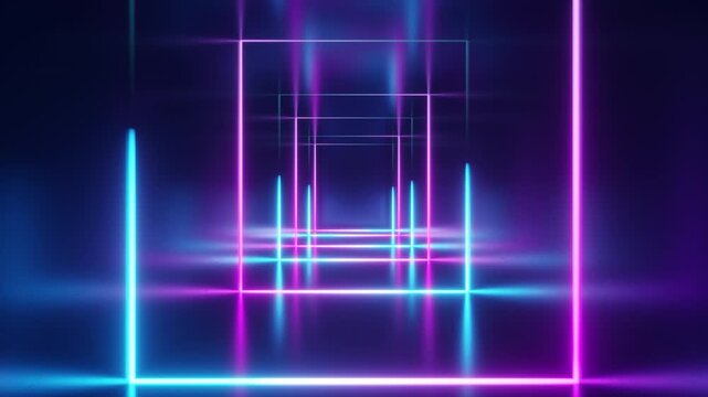 Endless corridor with neon lines tending up and moving forward a concrete corridor illuminated with blue neon lights. Futuristic abstract colorful background in bright neon blue colors. 3d animation