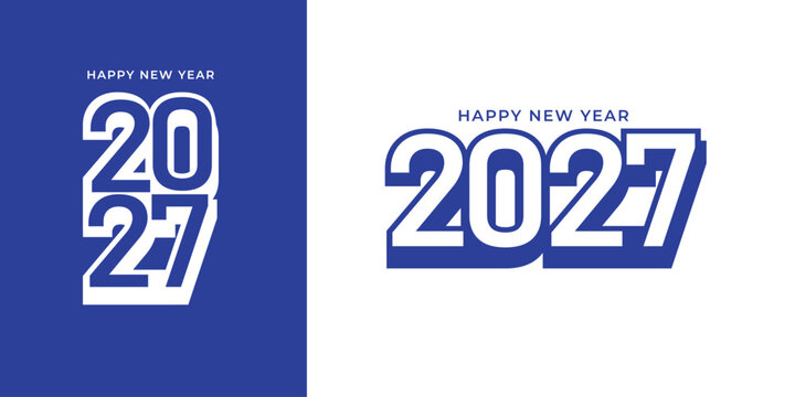 Modern Happy New Year 2027 typography featuring bold outlined numbers with a clean blue geometric style. Minimalist and professional design, perfect for greeting cards, banners, posters, social media.