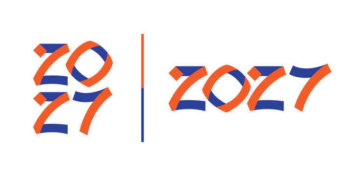 Modern 2027 typography featuring interwoven ribbon-inspired numbers in vibrant orange and blue. Clean geometric composition with a contemporary minimalist style, perfect for New Year branding, posters