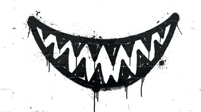 Creepy monster smile in black graffiti spray paint style with sharp teeth drips and splatters on white brick wall background