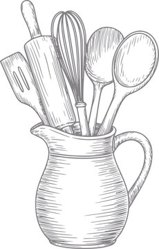 Utensilios de cocina vintage en una jarra: batidor, esp&aacute;tula, rodillo, cucharas