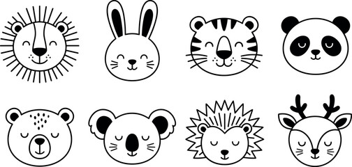 Cute baby animal faces icon set featuring simple line art lion bunny tiger panda bear koala hedgehog and deer © Rashidul