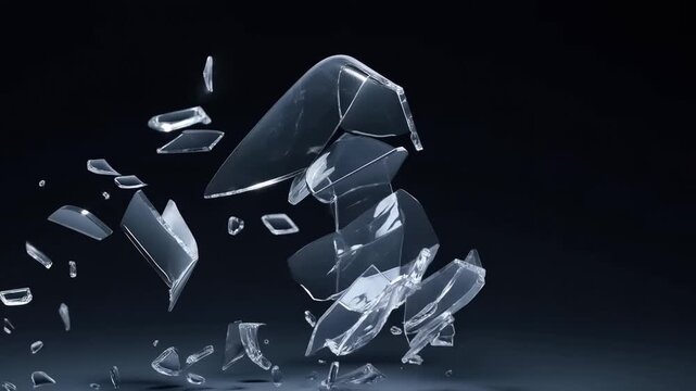 Slow motion tracking shot of glass object shattering into fragments over dark studio floor