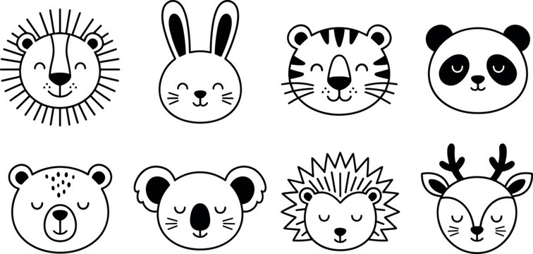 Cute baby animal faces icon set featuring simple line art lion bunny tiger panda bear koala hedgehog and deer