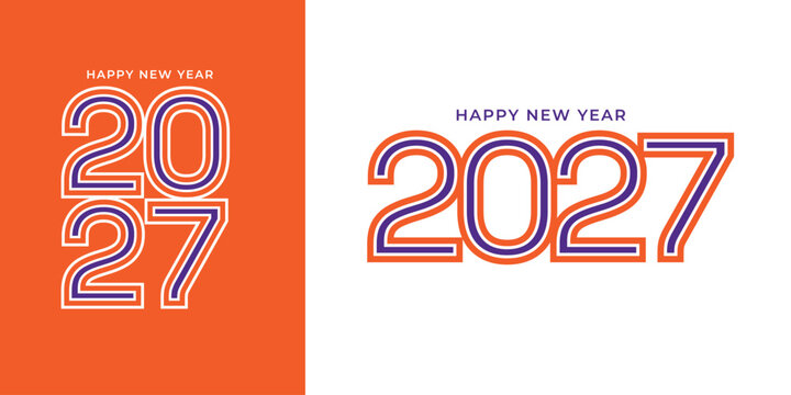 Creative Happy New Year 2027 typography featuring bold layered outline numbers in orange, purple, and white. A modern retro-inspired design perfect for greeting cards, banners, posters, social media.