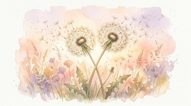 A delicate watercolor painting depicts two fluffy dandelion seed heads standing tall amidst a field of wildflowers and grasses.