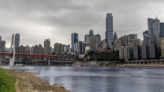 Chongqing cyberpunk city skyline and blue coloured river